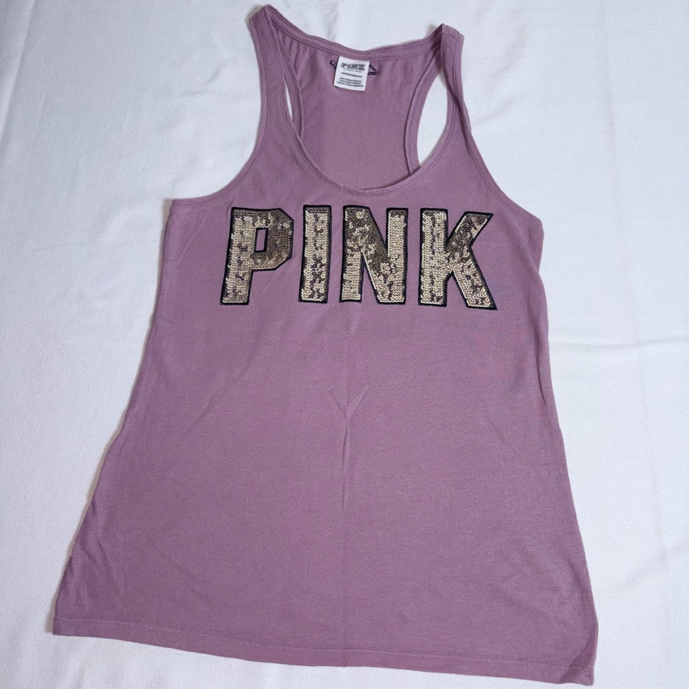 Pink Victoria's Secret Tank Top XS Purple Excellent Sequin Logo Racerback